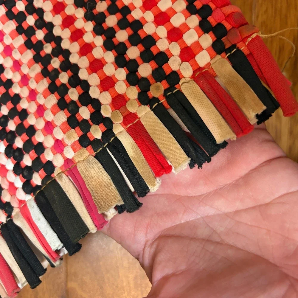 Vintage Handwoven Cotton Rag Rug Pink Black White Red Geometric Boho